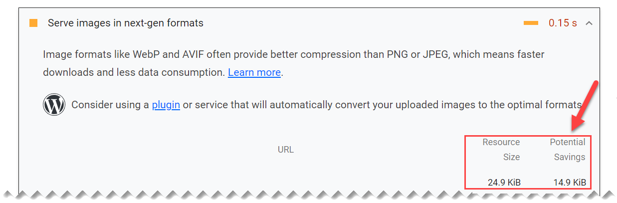 Lighthouse report showing potential savings in images