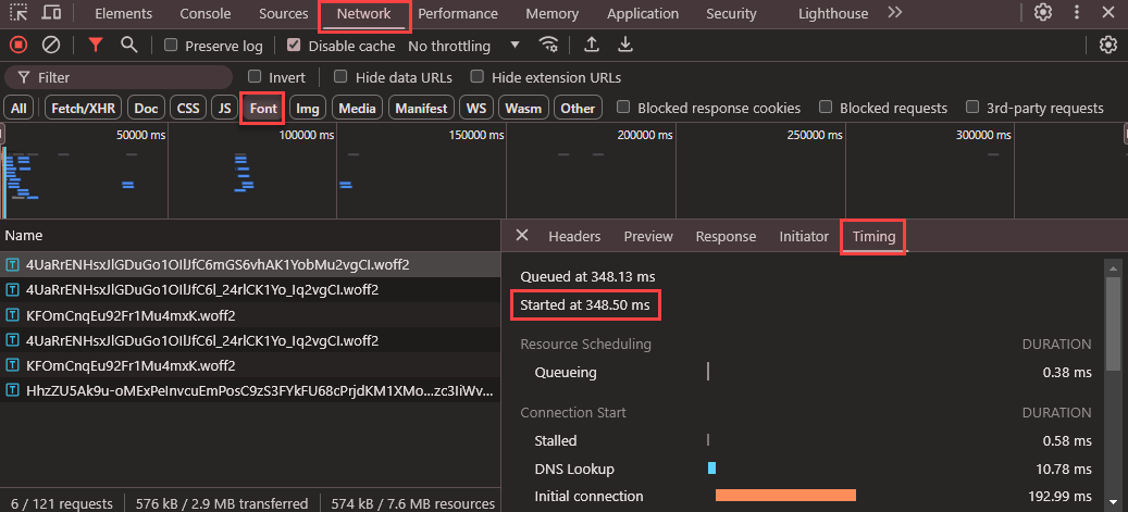 Timing tab in Google Chrome DevTools showing started time of font requesting