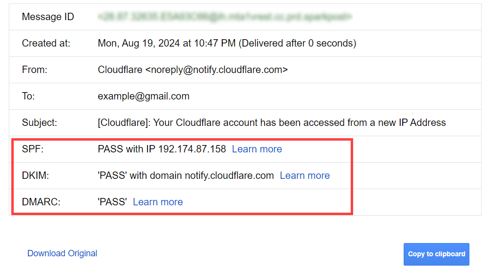 SPF, DKIM, and DMARC authentication check in Gmail header message